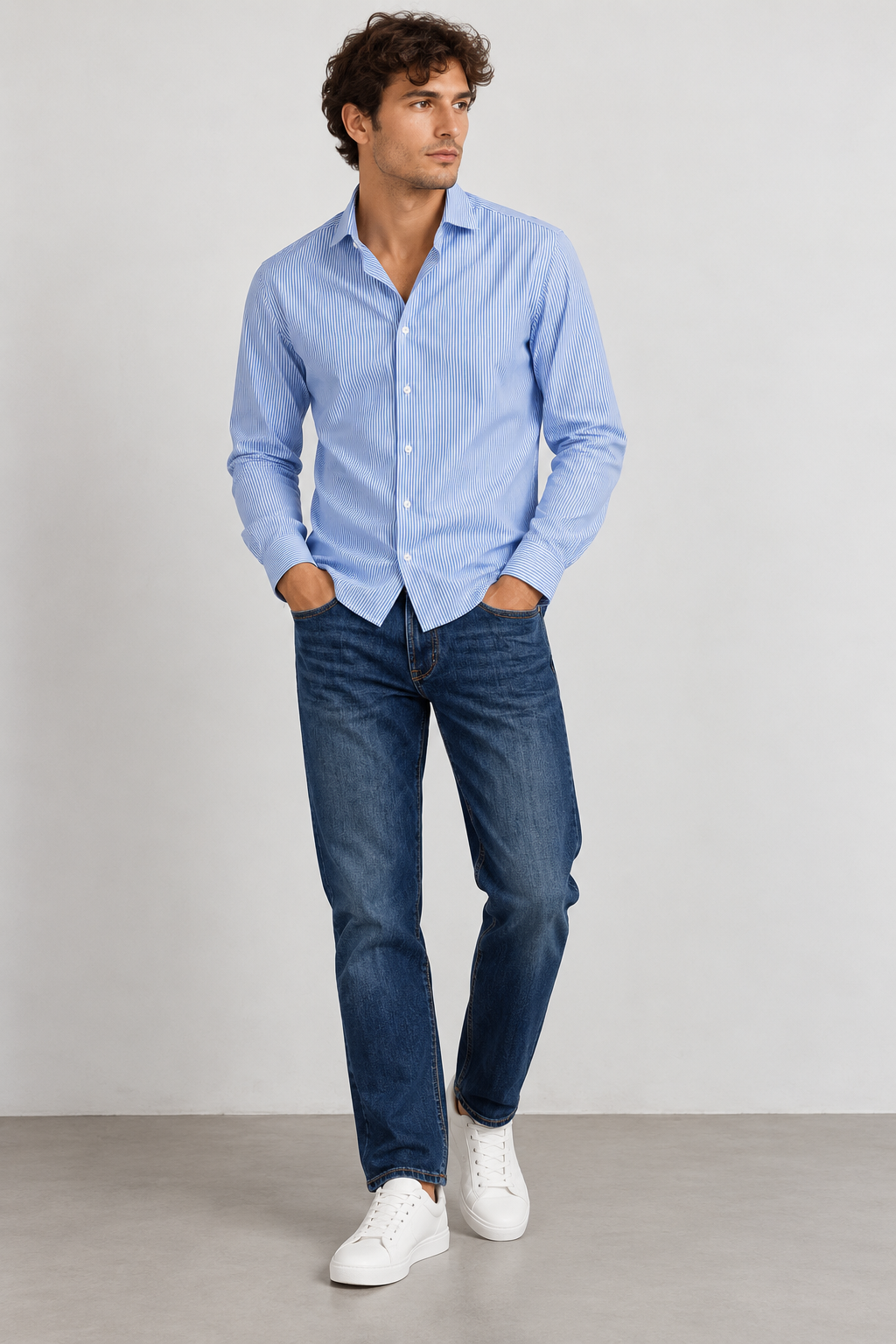 Camicia Regular Fit a Righe Sottili - celeste