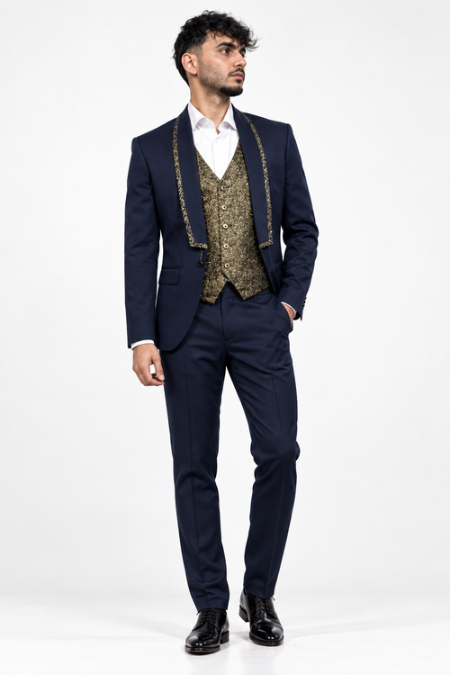Abito 2 Pezzi con Gilet Slim Fit Blu Navy - Vista frontale